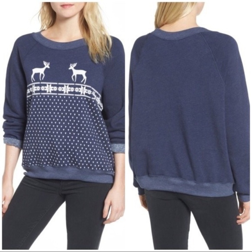 Wildfox Couture Women's Snow Deer Fair Isle Oversized Sweatshirt Navy Blue